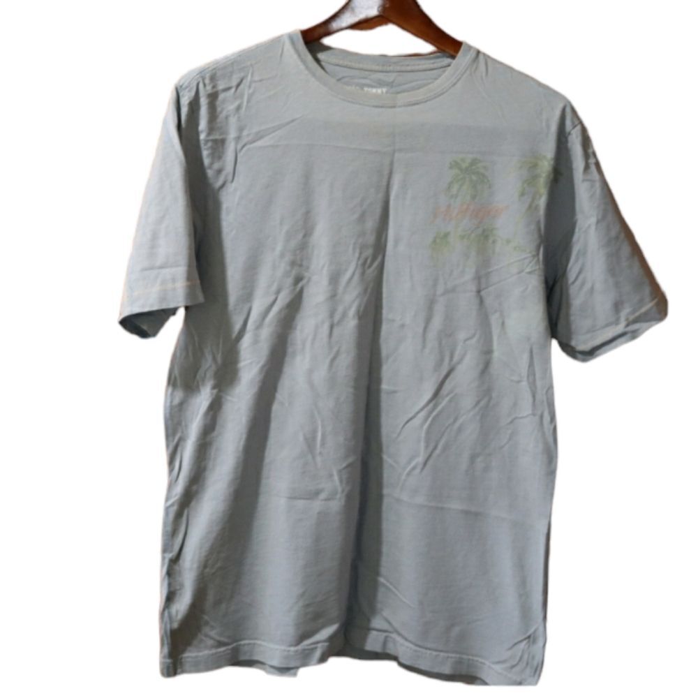 Tommy Hilfiger Blue Palm Tree T-Shirt Medium - Tropical Print Cotton Crewneck